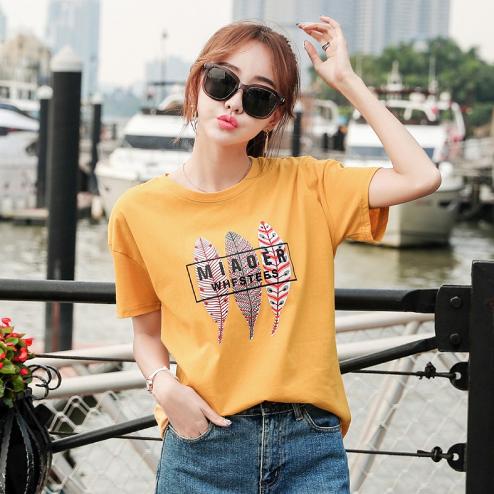 Fine cotton round neck short sleeve t-shirt female summer new large size women's tide loose student ladies top