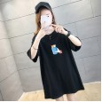 Summer new loose large size women's mid-length printed shirt solid color round neck short sleeve T-shirt female