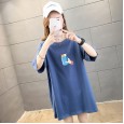 Summer new loose large size women's mid-length printed shirt solid color round neck short sleeve T-shirt female