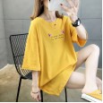 Summer new large size women's solid color bottoming ladies shirt printed loose cotton short-sleeved t-shirt